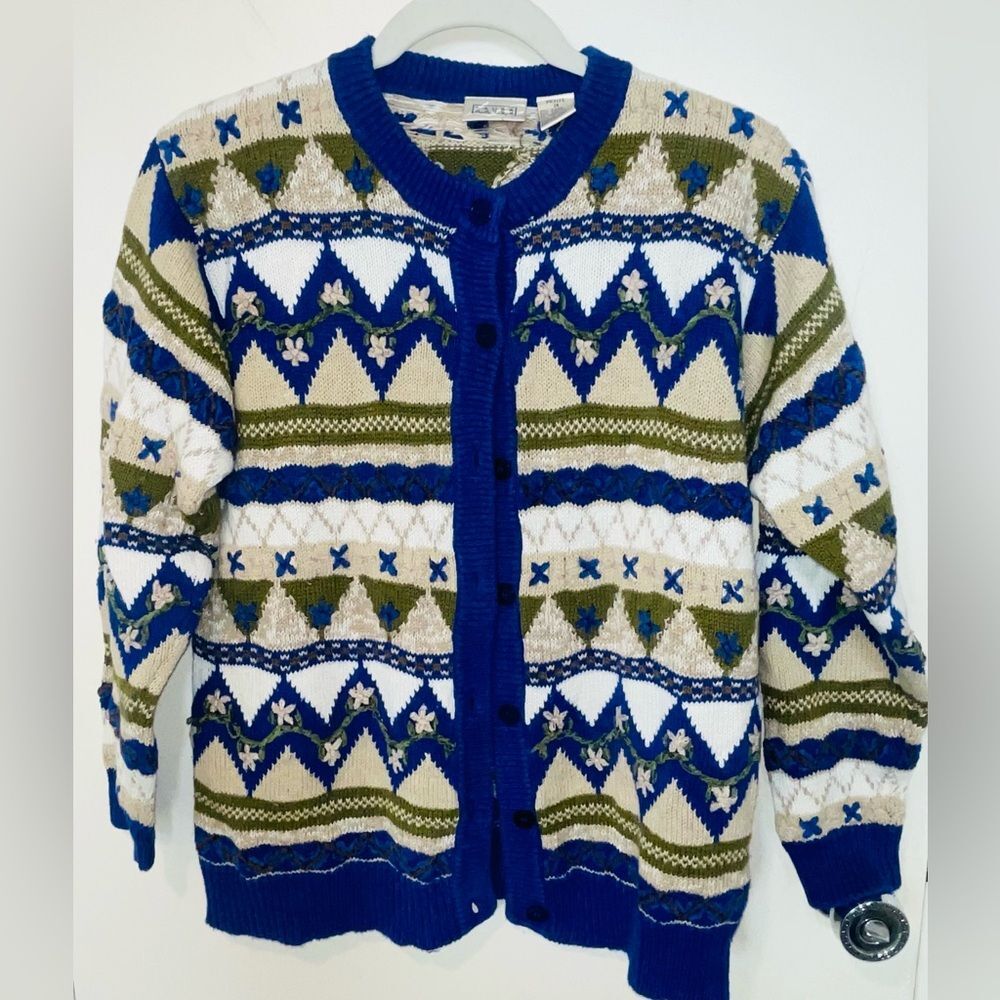 Vintage Northern Isles blue/white wool cardigan sweater 80s 90s laura gayle sz M